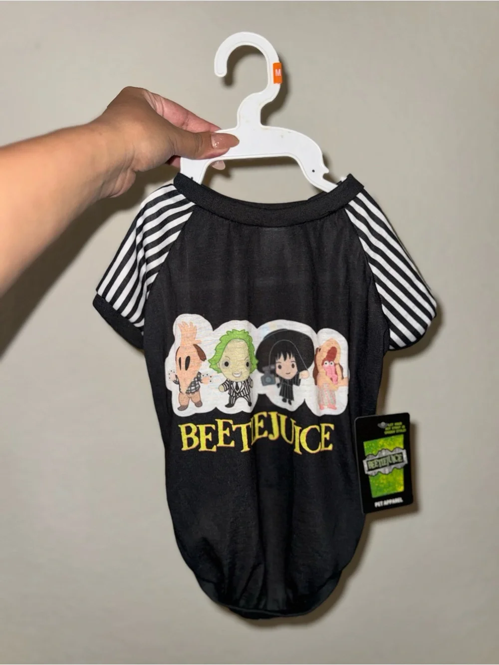 Beetlejuice Graphic Pet Tee - Black with Striped Sleeves